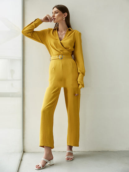 Lange mouwen riem V-hals losse jumpsuit