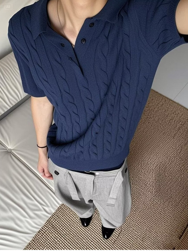 Retro Cable Knit Polo Shirt