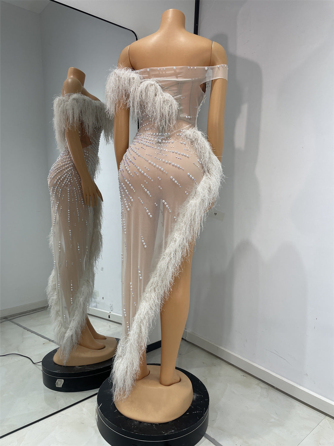 Pearl Mesh One Shoulder Evening Dress