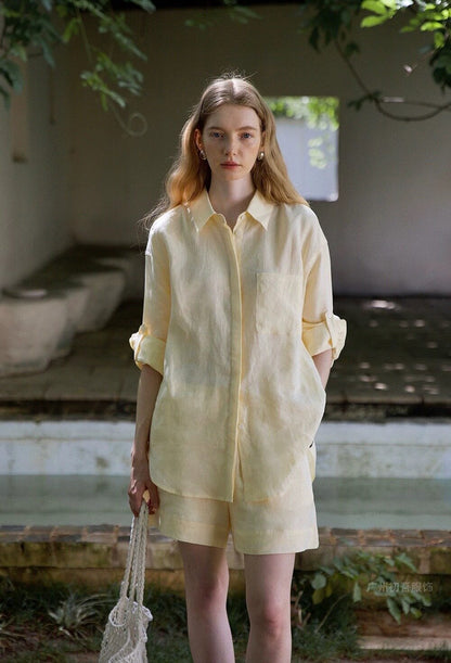 Womens Linen Casual Oversized Shirt Shorts Set