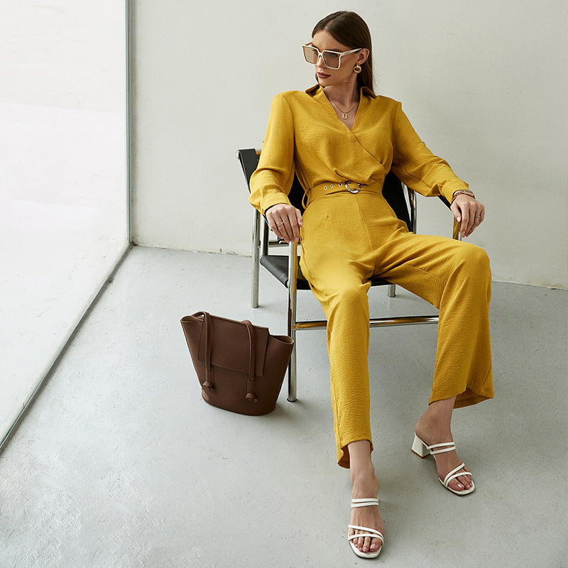 Lange mouwen riem V-hals losse jumpsuit