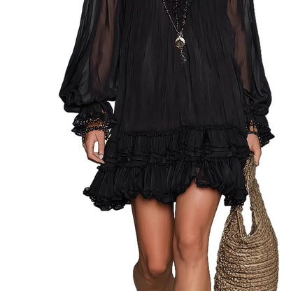 Spring New V-Neck Waist-Cinching Ruffle Elegant Dress