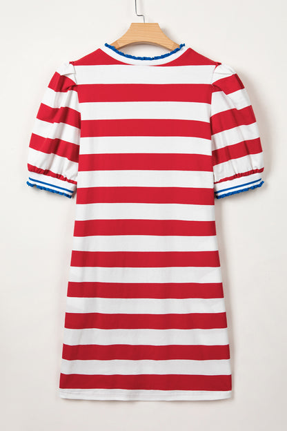 Mini-jurk met strepen contrasterende bies zakken ronde hals en korte pofmouwen