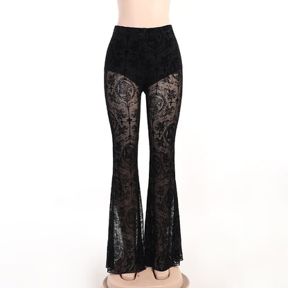 Women's Dark Lace See-Through Gothic High-Waist Slim Fit Flared Long Pants