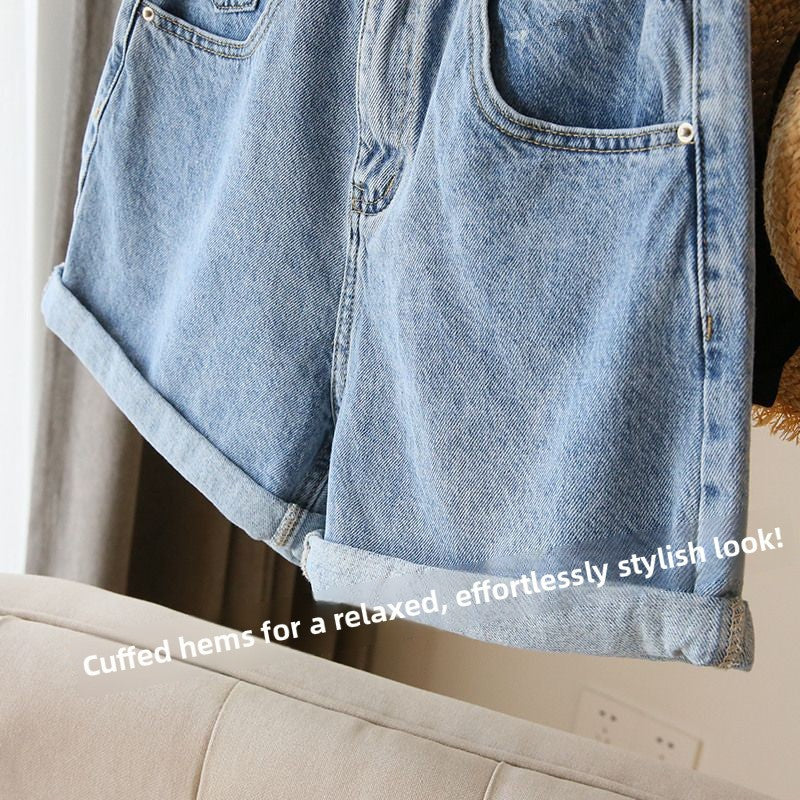 Women's Denim Shorts High-Waisted Trendy Wide-Leg A-Line Slimming Rolled-Up Hot Pants