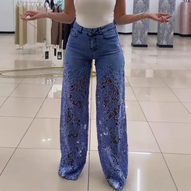 Damesbroek met hoge taille wijde pijpen en kantdetails