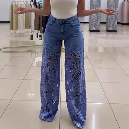 Damesbroek met hoge taille wijde pijpen en kantdetails