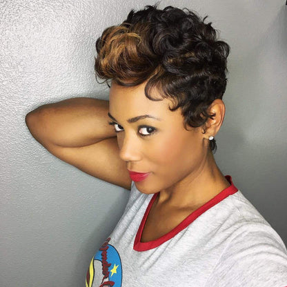 Amerikaanse korte krullende synthetisch pixie cut wig