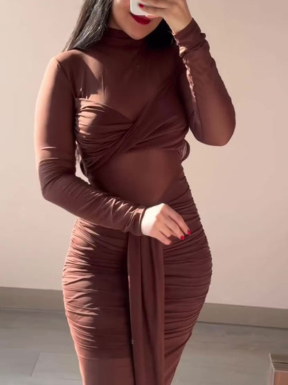 Bruine mesh geplooide jurk met lange mouwen