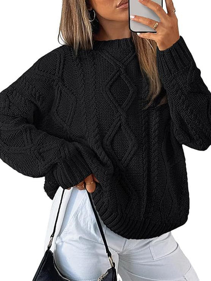 Women Solid Cable Knit Round Neck Pullover Sweater
