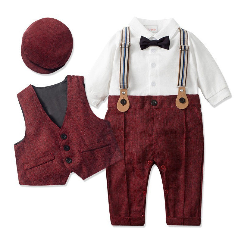Boys Gentleman Suspender Romper Vest Set Short Sleeve Bow Tie Casual Two Piece Outfit