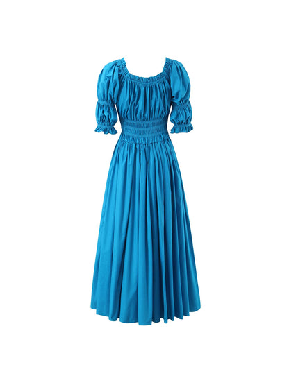 Elegant Retro Puff Sleeve Cotton Dress with Cinched Waist