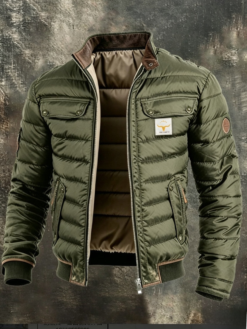 Men's Retro Quilted Zip-Up Jacket with Cotton Filling