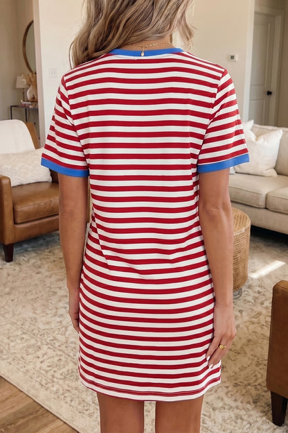 Gestreepte mini-jurk met strik contrasterende bies korte mouwen en ronde hals
