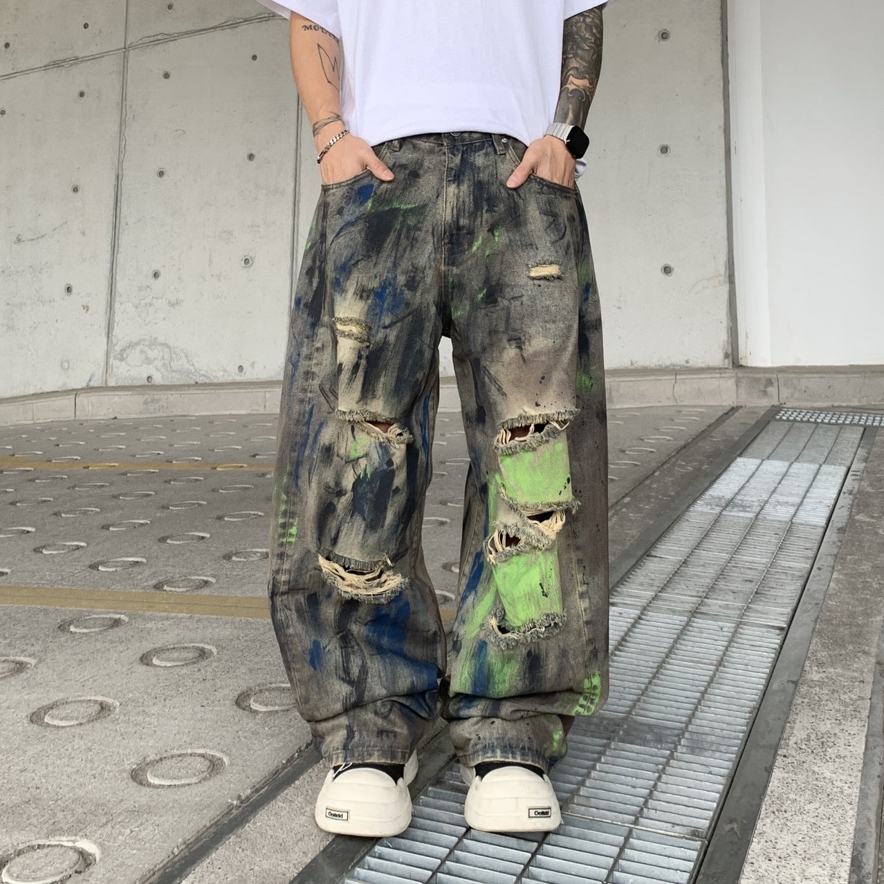 Men's Ripped Wide-Leg Denim Pants