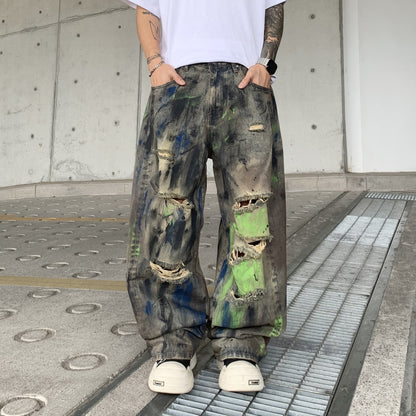 Men's Ripped Wide-Leg Denim Pants