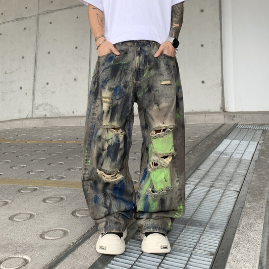 Men's Ripped Wide-Leg Denim Pants