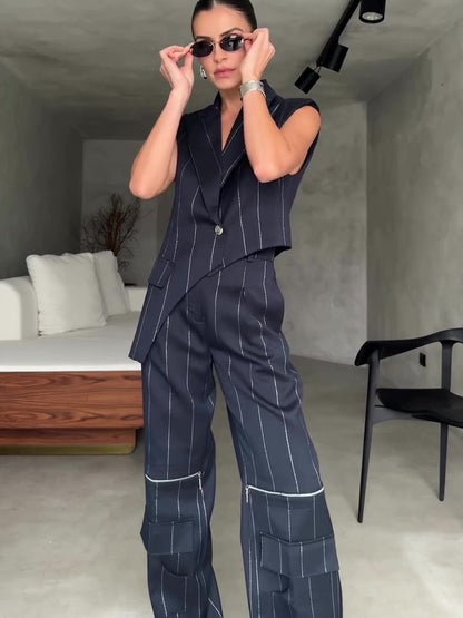 Gestreept onregelmatig zoom bovenzak rits wijde pijpen broekpak Geslaagd