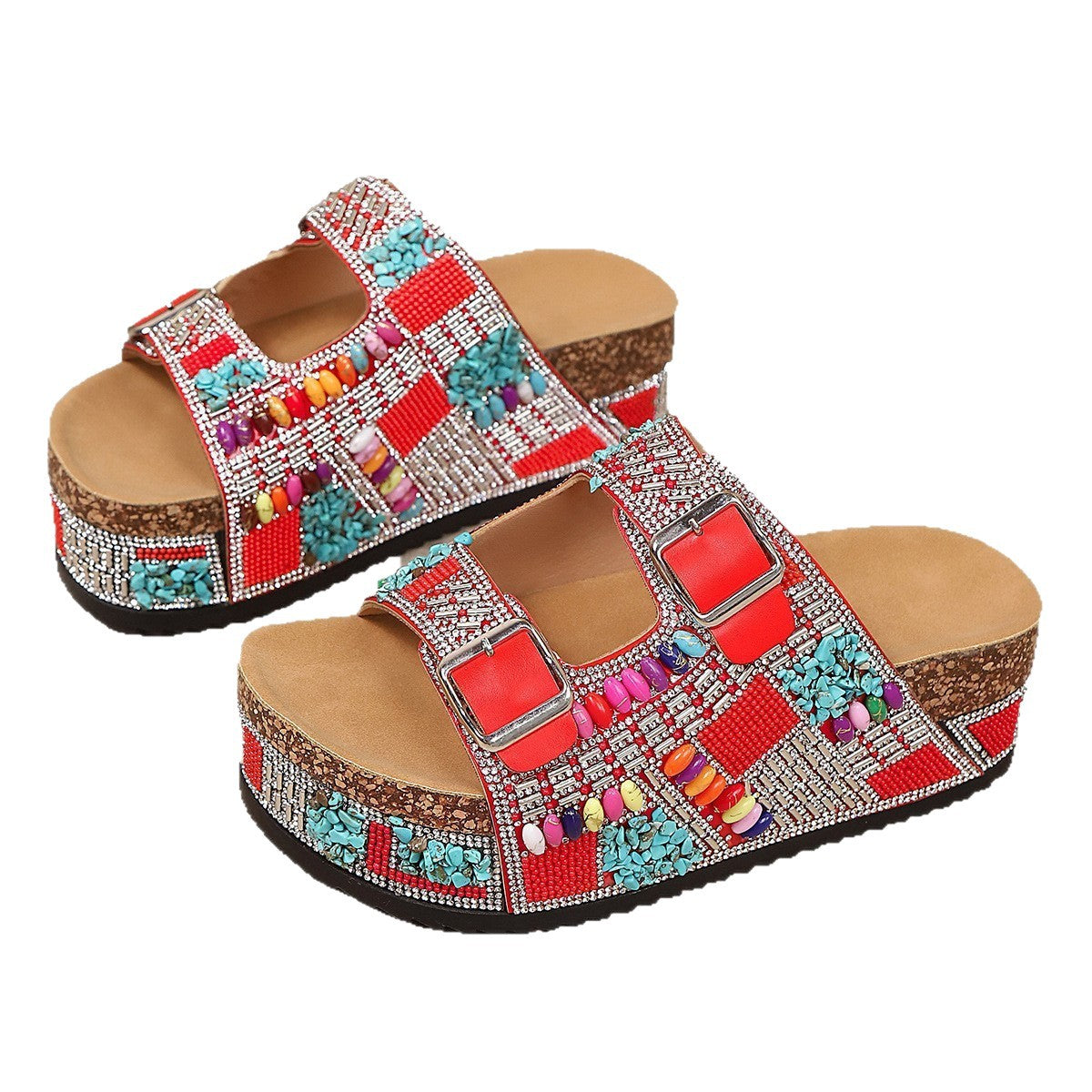 Cork Double-Buckle Rhinestone Sandals