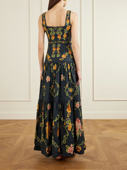 European and American Cross-Border 2026 Aliexpress Amazon Independent Site Elegant Linen Sleeveless Floral Patchwork Flared Dress