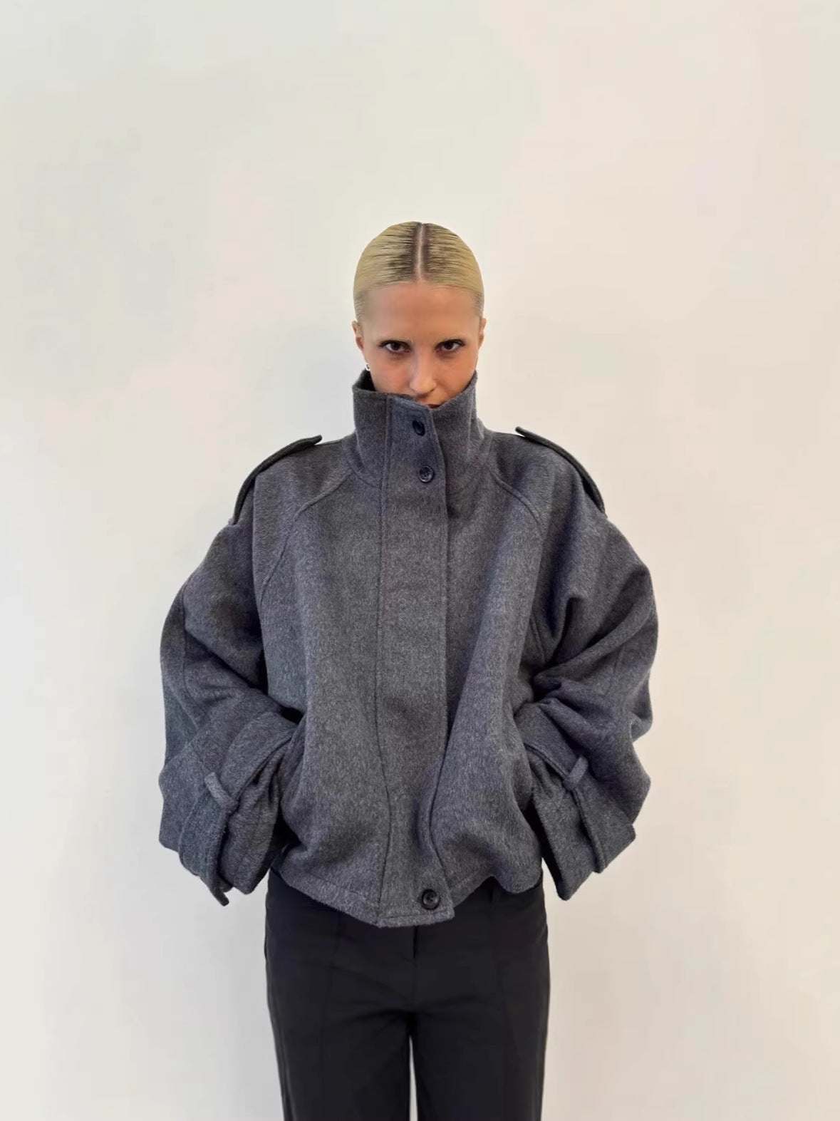 Womens Stand Collar Wool Blend Coat