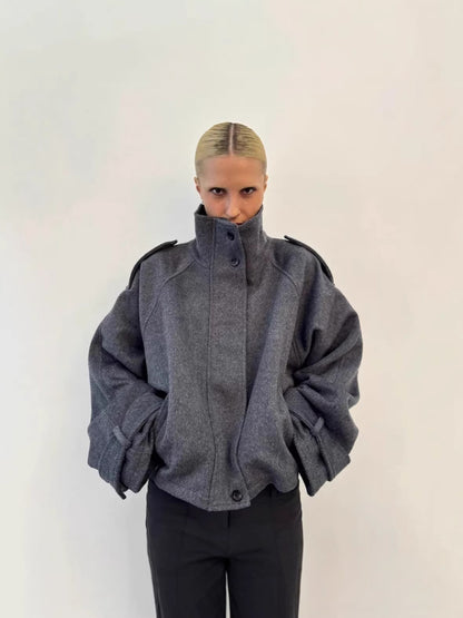 Womens Stand Collar Wool Blend Coat