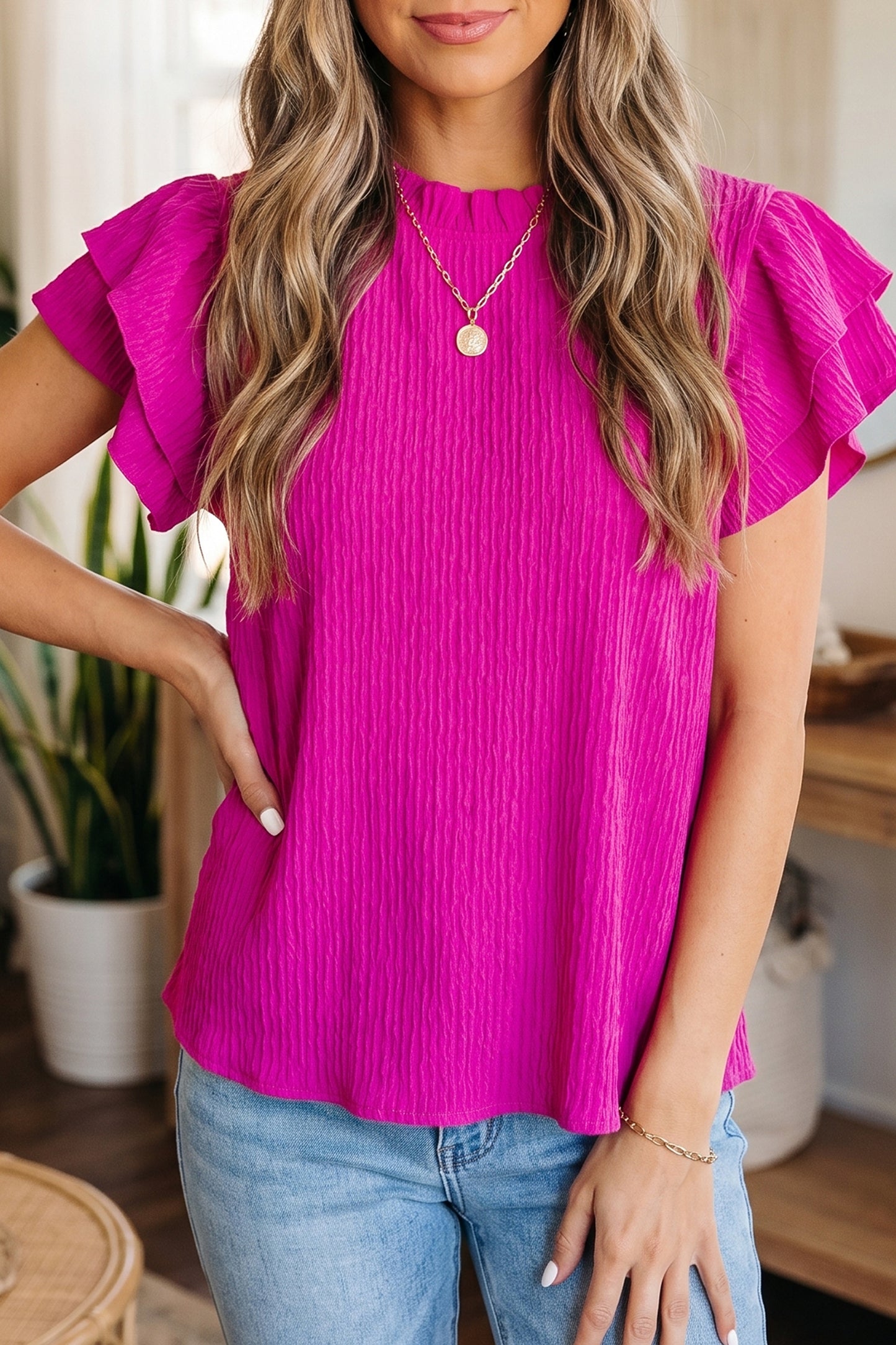 Effen blouse met textuur en ruches korte mouwen