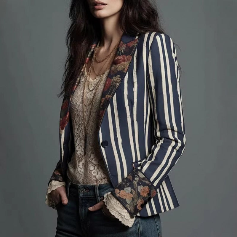 Bohemian Color-Block Striped Slim Fit Blazer for Women