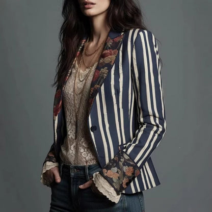 Bohemian Color-Block Striped Slim Fit Blazer for Women