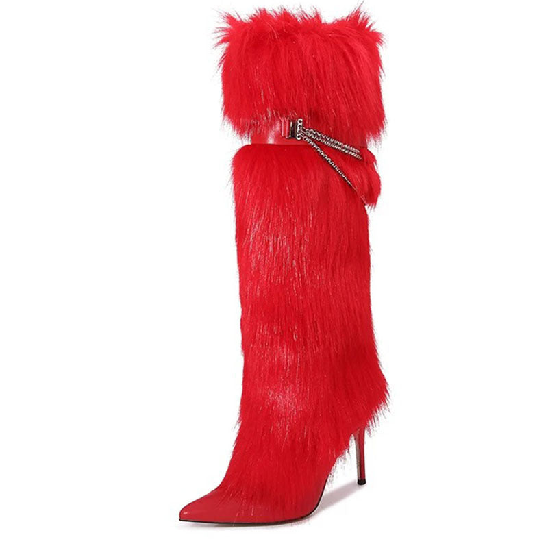 Pointed-toe furry boots high heels