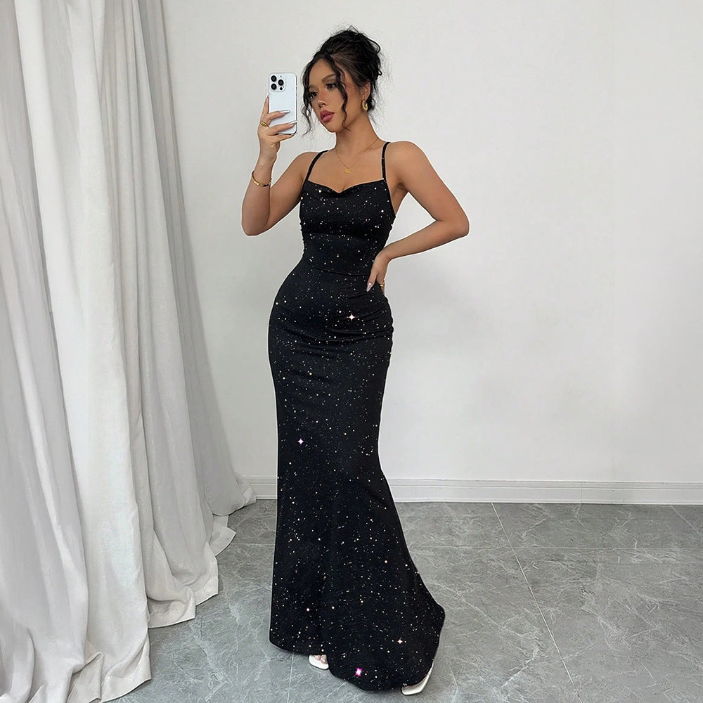 Women?s Sequined Halter Backless Mermaid Maxi Dress