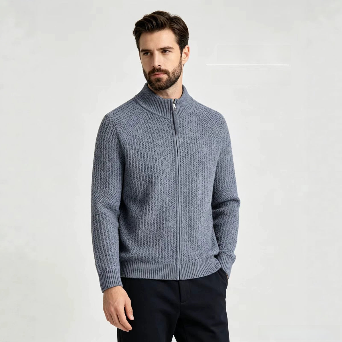 Mens Stand Collar Zip Up Knit Cardigan