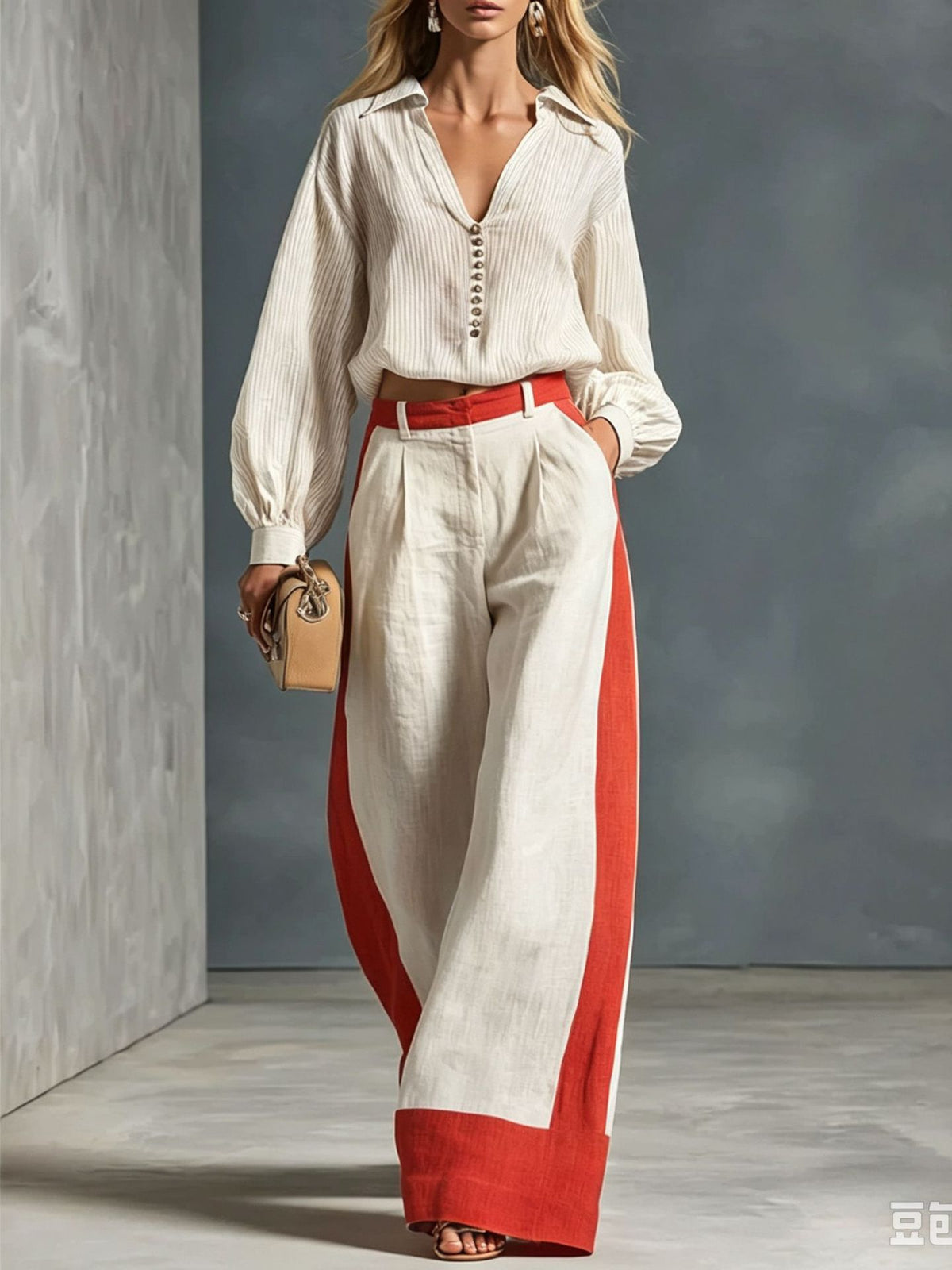 Womens Long Sleeve Shirt Wide Leg Pants Suit