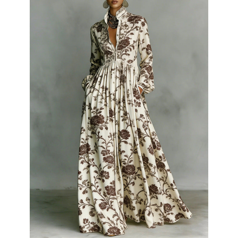 Elegant Waist-Cinching Floral Printed Long Sleeve Dress for Women