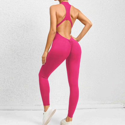 Women Zipper One Piece Yoga Wear Cut Out Back Jumpsuit with Chest Pad