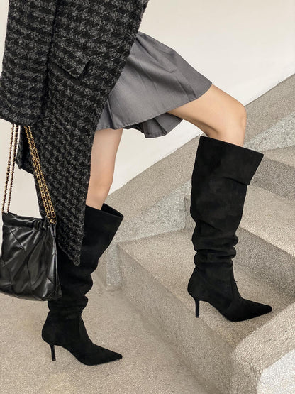Womens Pointed Toe Knee High Suede Boots