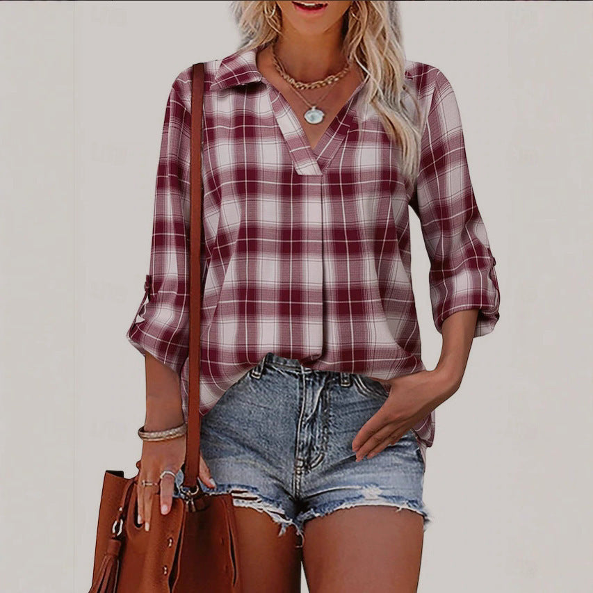 Dames geruit overhemd met lange mouwen en V-hals