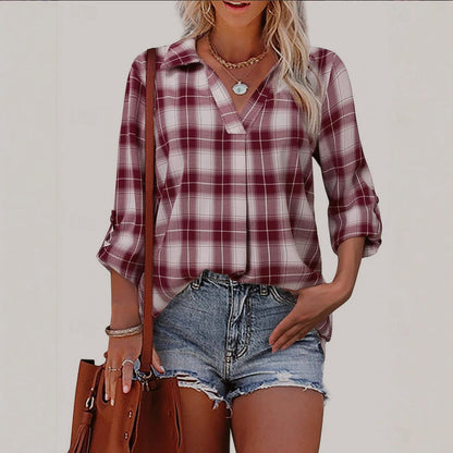 Dames geruit overhemd met lange mouwen en V-hals