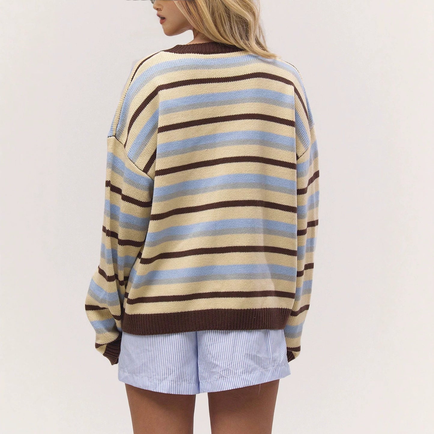 Women's Casual Color-Block Striped Loose Knit Cardigan