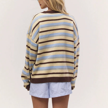 Women's Casual Color-Block Striped Loose Knit Cardigan