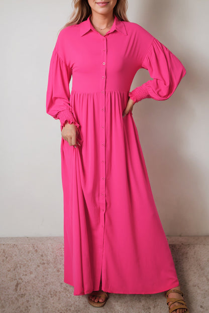 Roze maxi-jurk met ballonmouwen