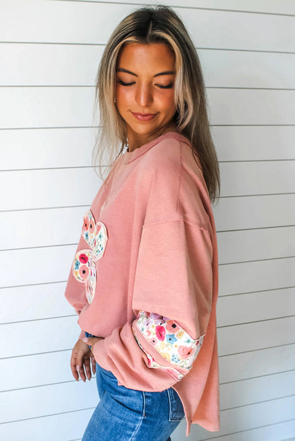 Peach Blossom Plus Size Sweatshirt met bloemenapplicaties en verlaagde schouders