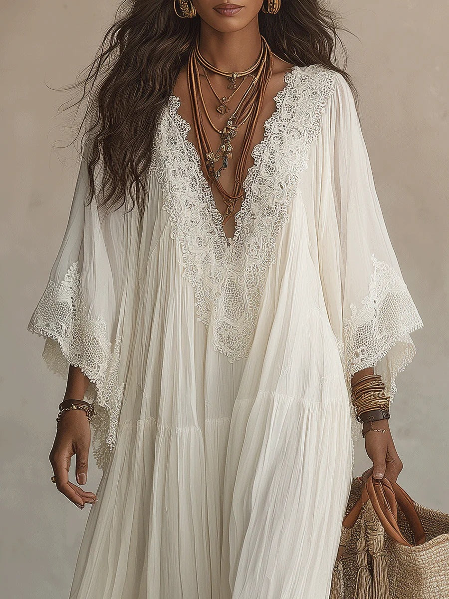 White Lace V-Neck Long Dress with Batwing Sleeves for Beach Holiday