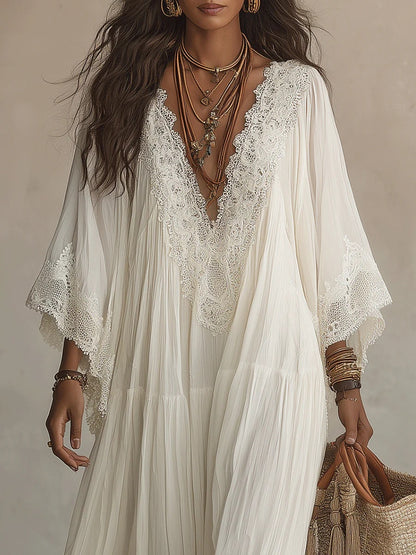 White Lace V-Neck Long Dress with Batwing Sleeves for Beach Holiday