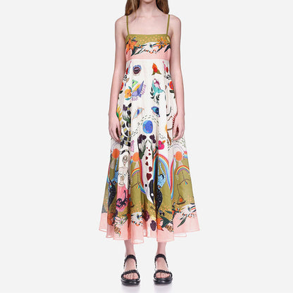 2026 Summer New Style Cross-Border European and American Resort-Style Dress, Elegant Long Printed Strap Dress
