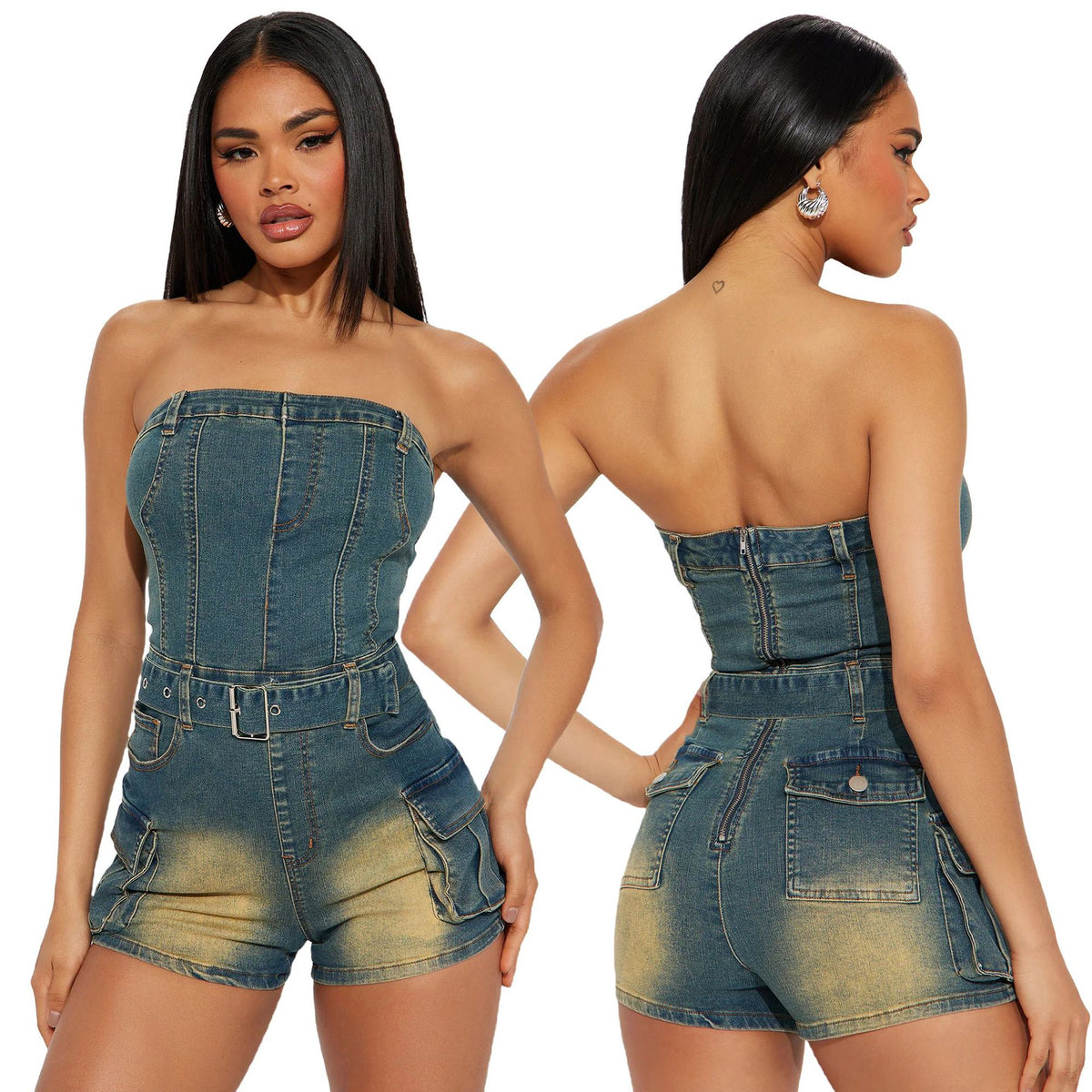 Strapless denim jumpsuit met zakken en ceintuur