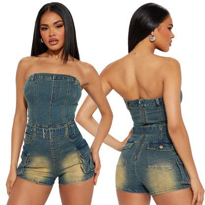 Strapless denim jumpsuit met zakken en ceintuur