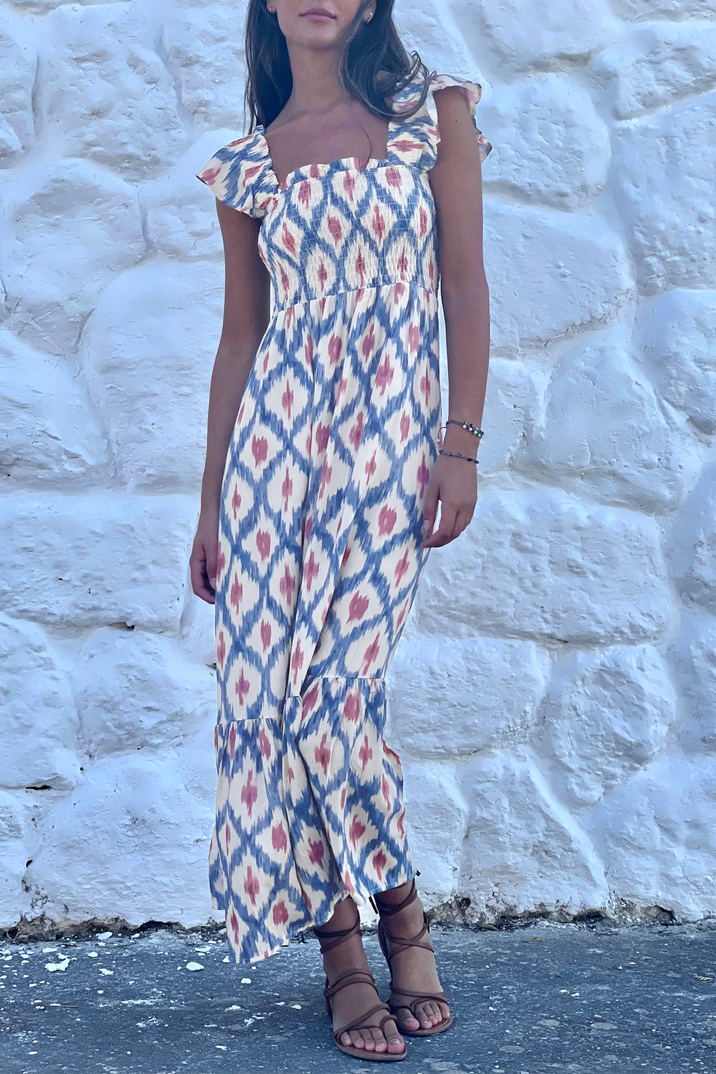 Maxi-jurk met etnische geometrische print vierkante hals hoge taille en ruches