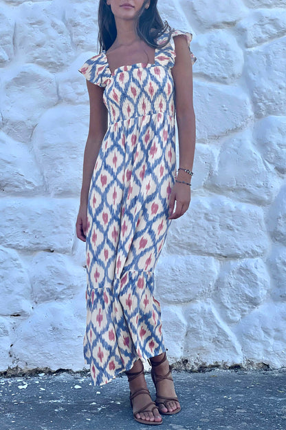Maxi-jurk met etnische geometrische print vierkante hals hoge taille en ruches