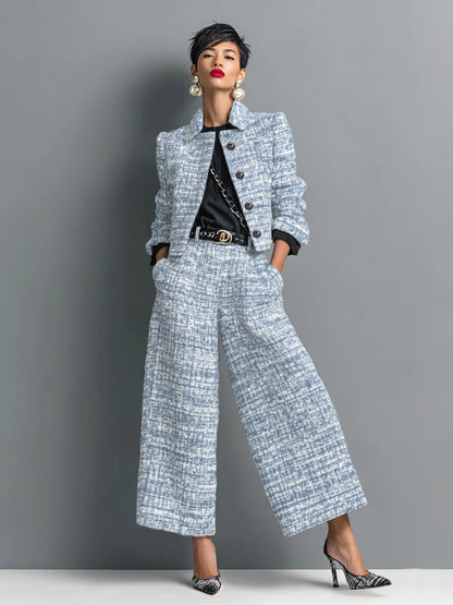 Women Lapel Short Jacket Wide Leg Pants Suit Two Piece Set